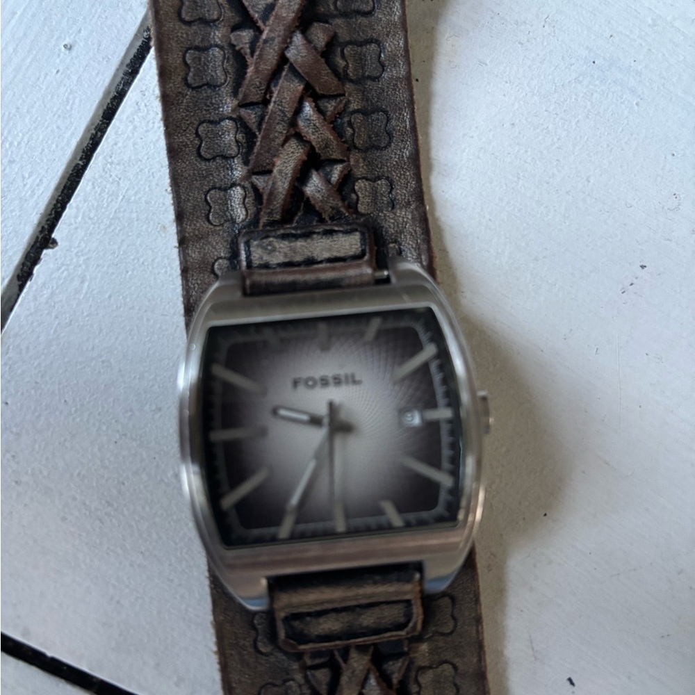 Fossil Black Dial Watch with Braided Brown Strap